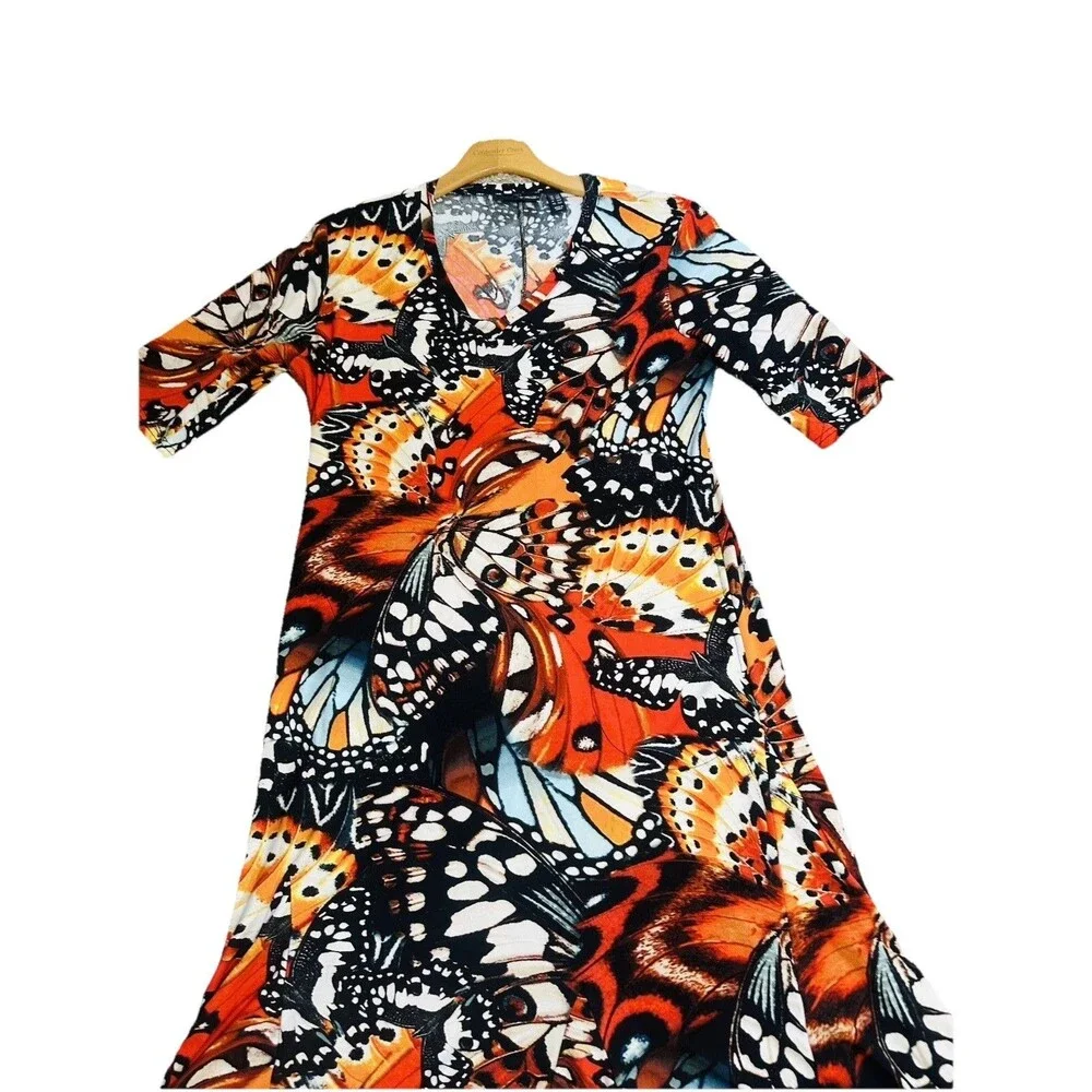 Attitudes Renee Jersey Dress Maxi Sz L Monarch Butterfly Maxi Boho Stretch Red - Picture 4 of 12